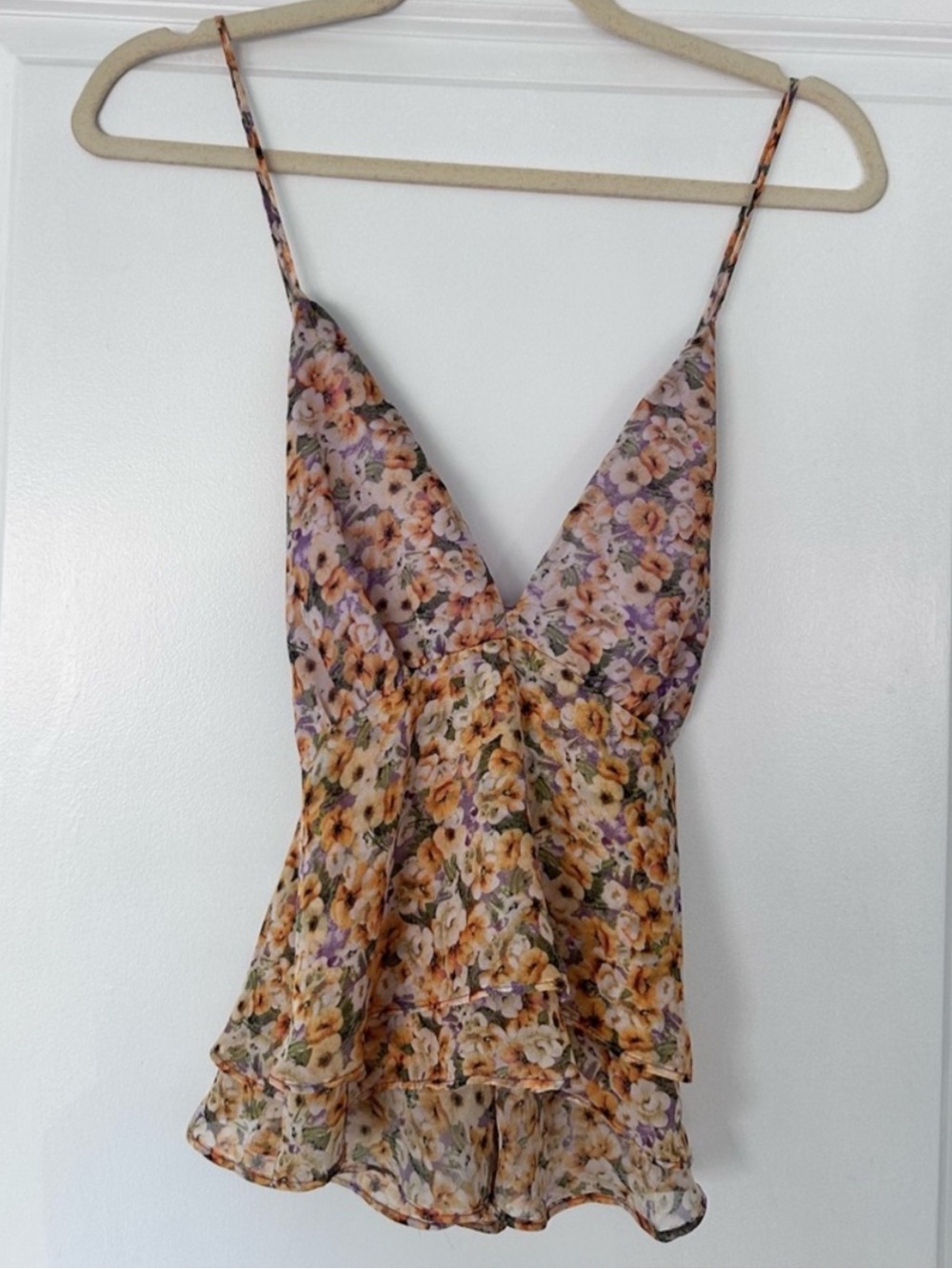 ASTR the Label Yellow Floral Tiered Ruffle Cami V Neck Open Back Tank Top
